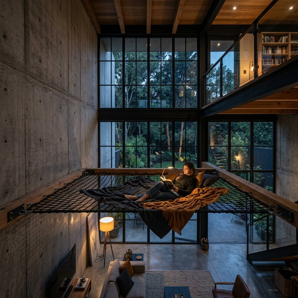 Modern home with hammock loft installation
