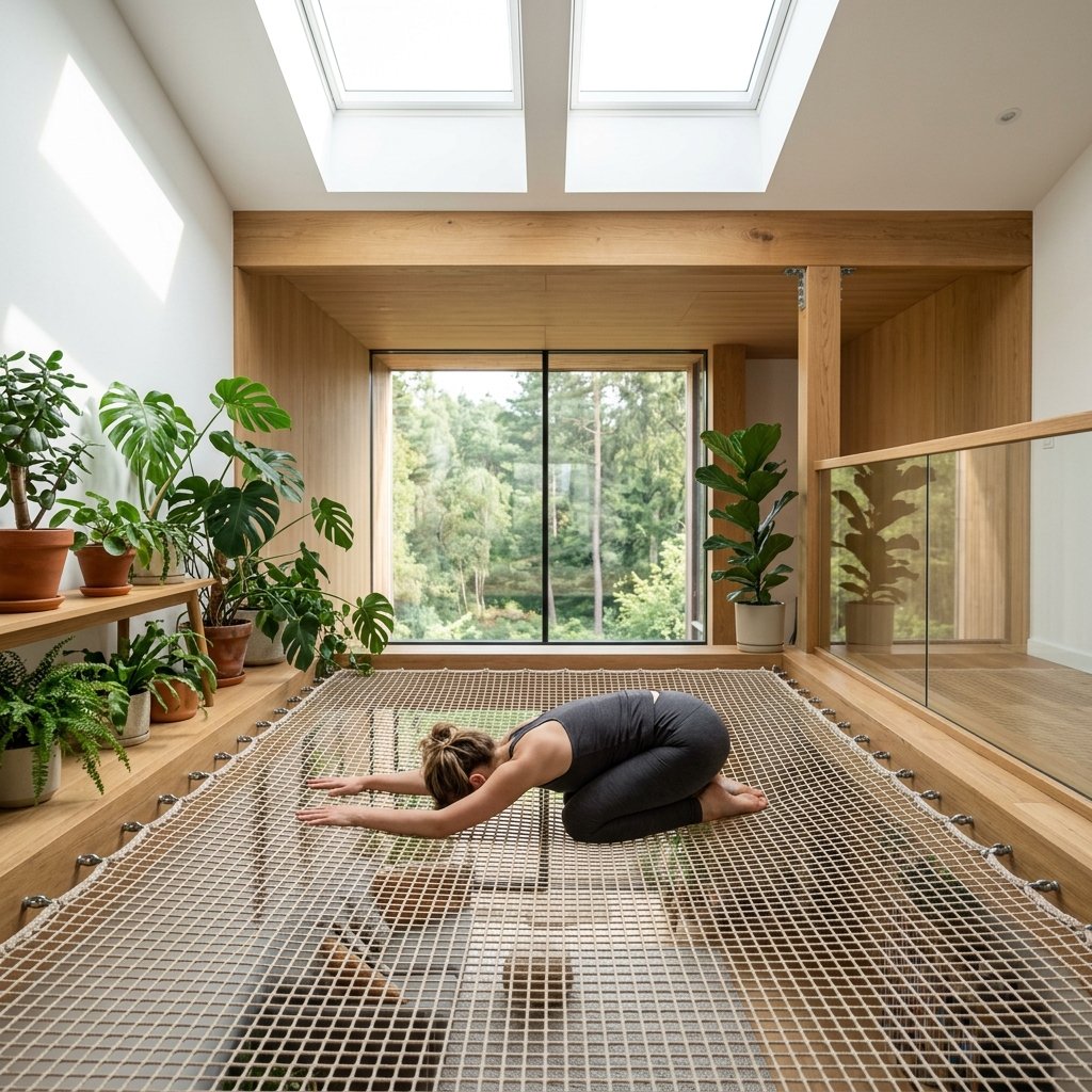 Morning yoga on hammock loft mezzanine